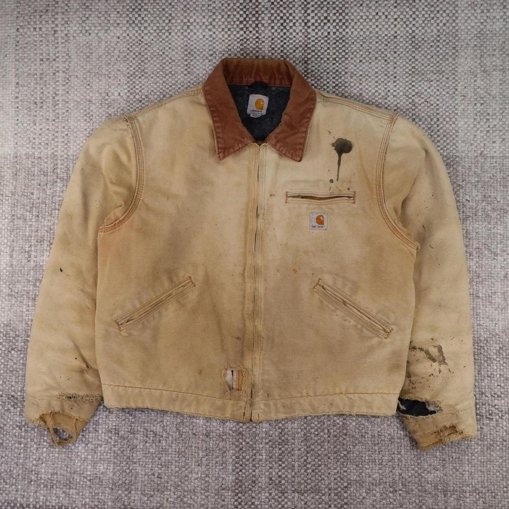 Carhartt J001 BRN Detroit Jacket Tan Duck Canvas Blanket Lined Distressed Mens L